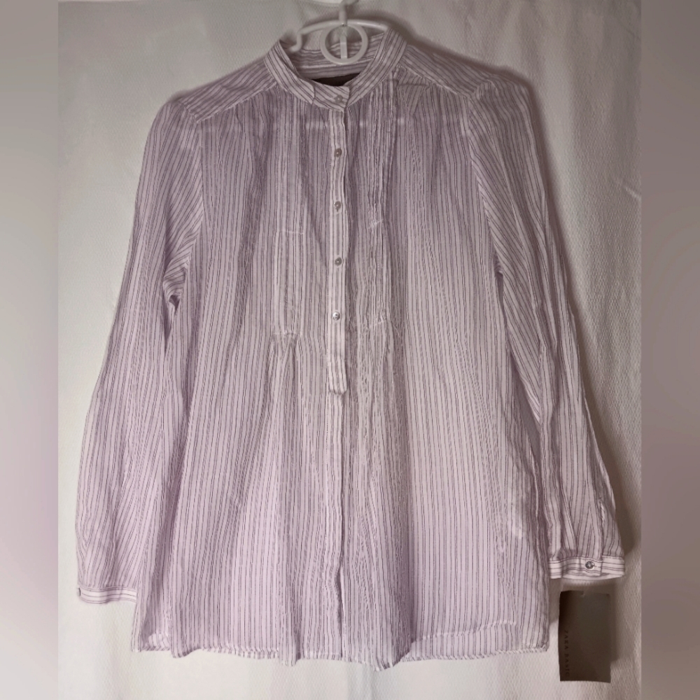 NWT-Zara Basic White & Lilac Striped Button Up Long Sleeve Sheer Shirt Size M